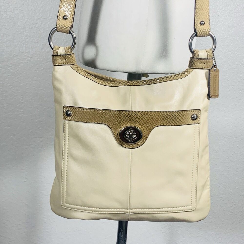 Coach Penelope Ivory Leather Snakeskin Trim Crossbody Purse #F16533